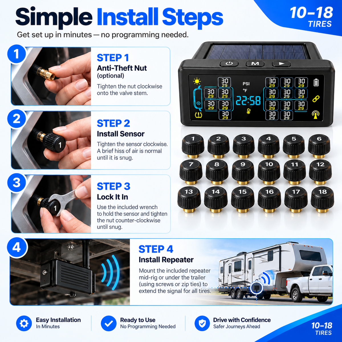 AurenceX™ 10–18 Tire TPMS for RVs, Trucks & Trailers